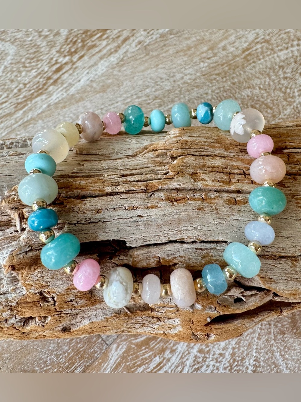 Semi precious stone stretch bracelet - with 3 mm 14k gold filled bead spacers